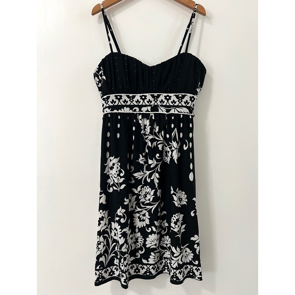 Speechless Black White Floral Polka Dot Empire Waist Midi Dress Women's Medium